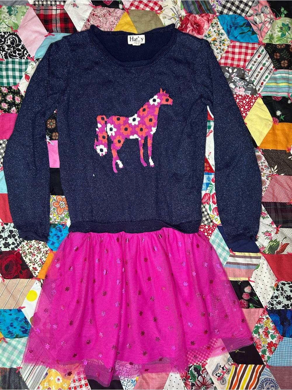 Hatley Navy Knit Dress with pink tulle skirt Pink Horse Motif